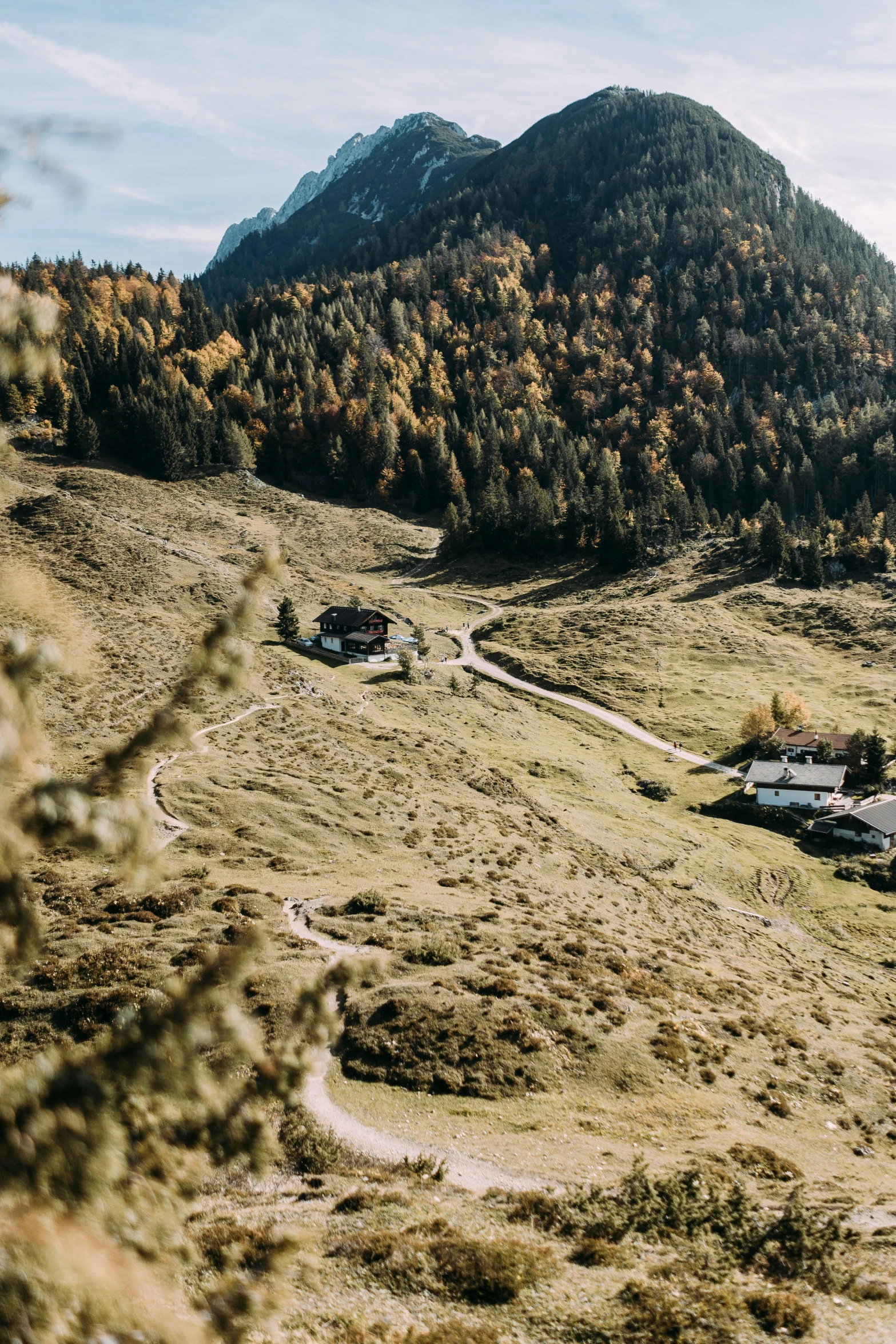 a small town in the middle of a hilly countryside