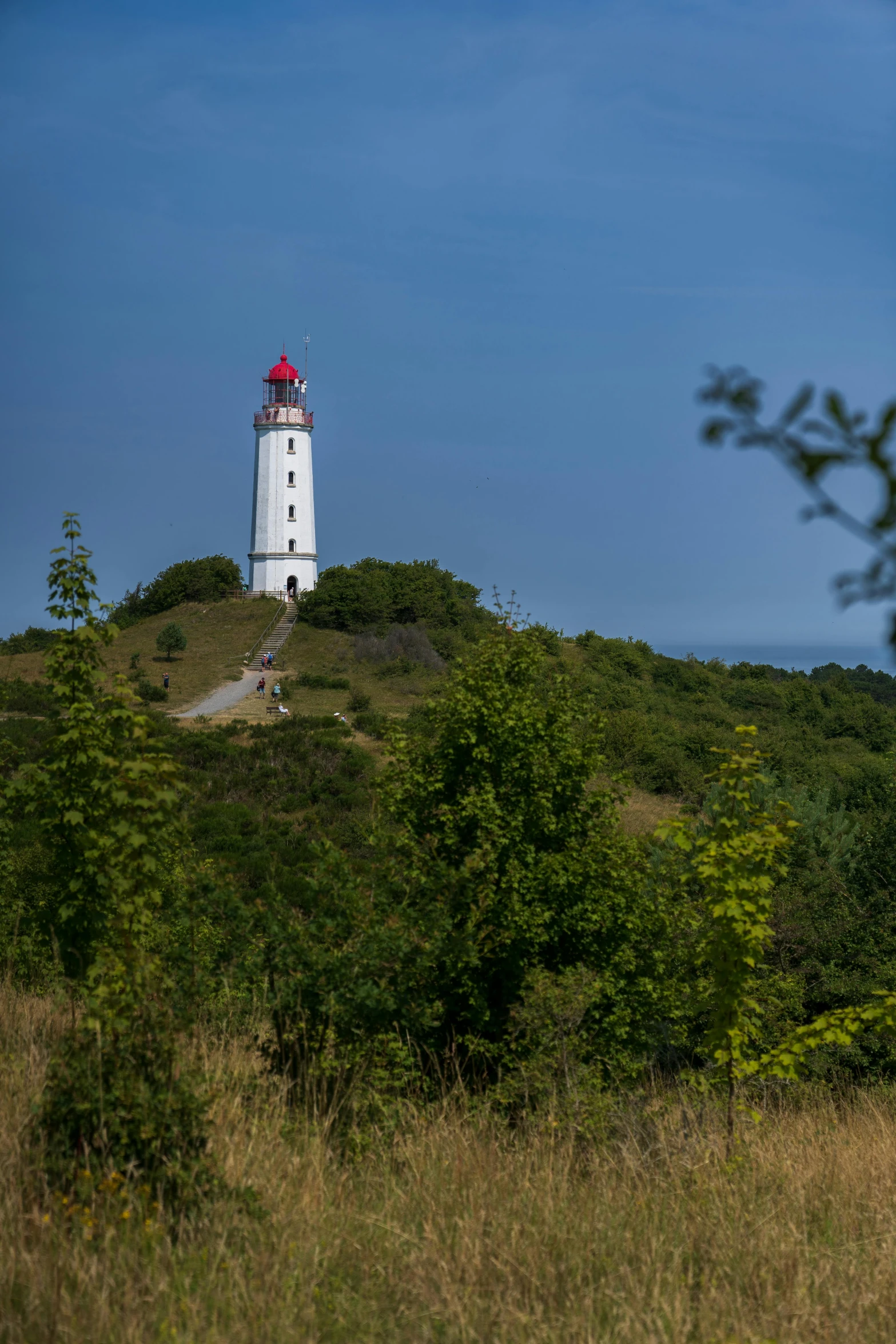 a white lighthouse stands on top of a grassy hill