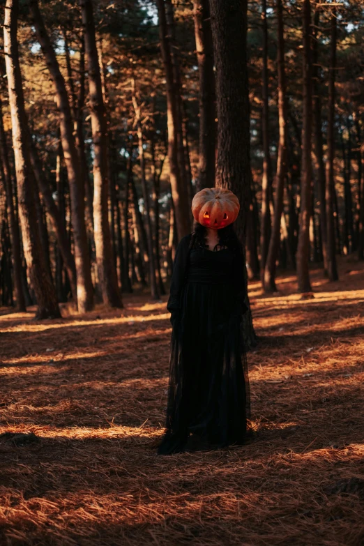 the pumpkin head of the creepy figure stands alone