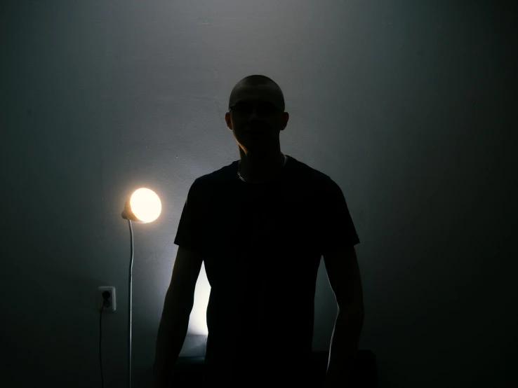 a man standing in the dark with two light bulbs