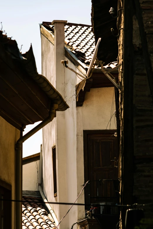 the narrow building has a steep slope