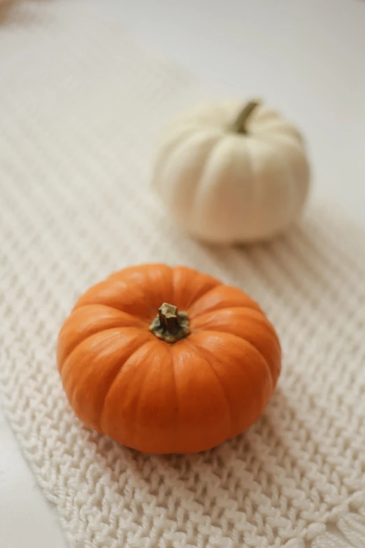 two small white pumpkins sit on a white knit tablecloth