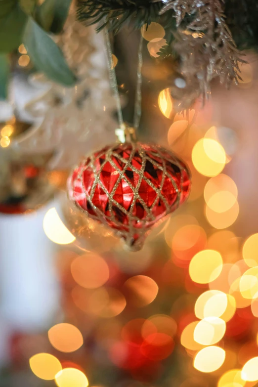 a red ornament hanging from the christmas tree