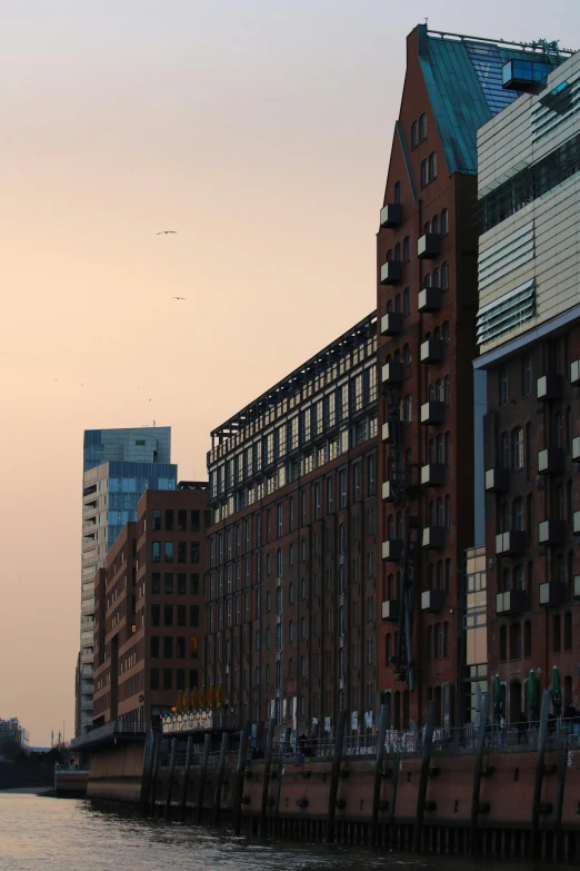 the buildings near the water are brown with many windows