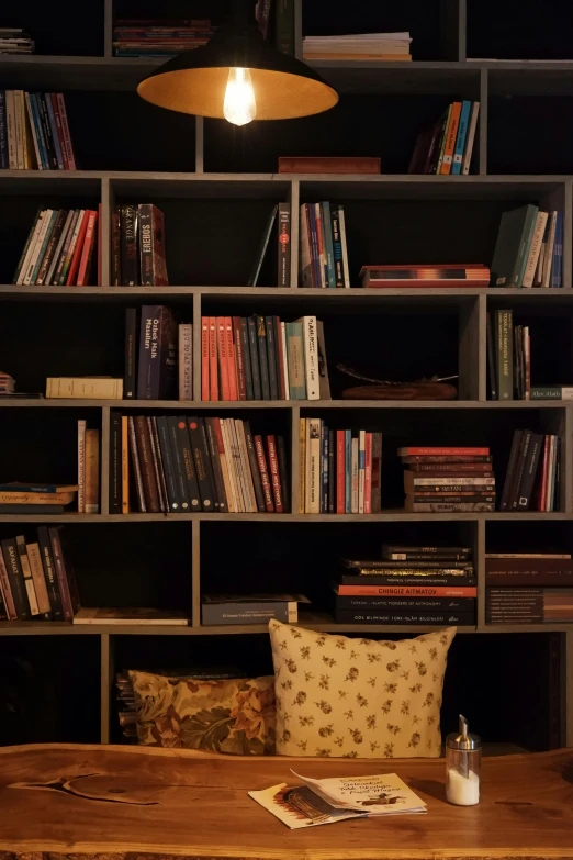 a lit lamp above a bookcase filled with books