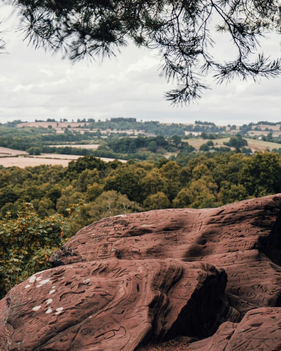 the red rocks are next to trees and hills