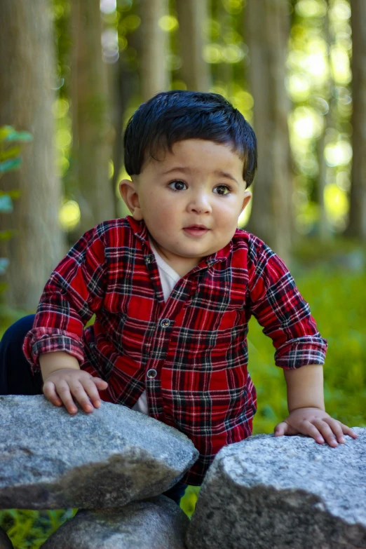small child in plaid shirt climbing on rocks with forest in background