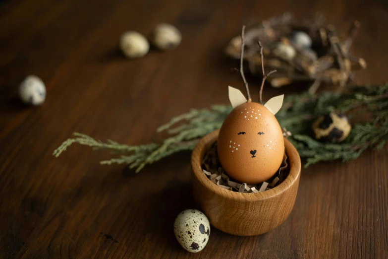 an egg in a wooden bowl decorated with an animal head