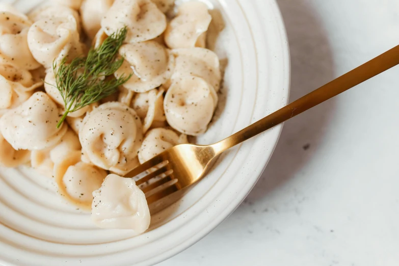 a white plate with dumplings and a fork