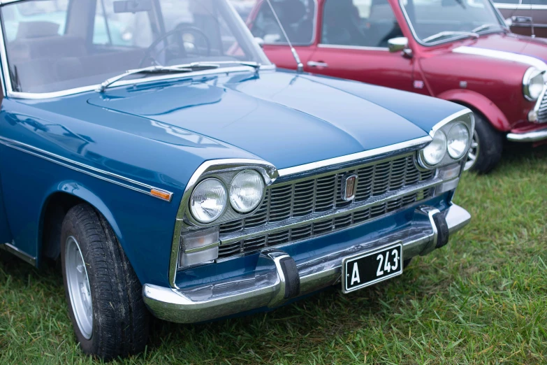 a number of cars parked on grass with one behind the other