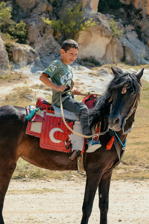 a little boy sitting on top of a horse