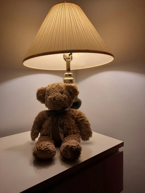 a small teddy bear is next to the lamp