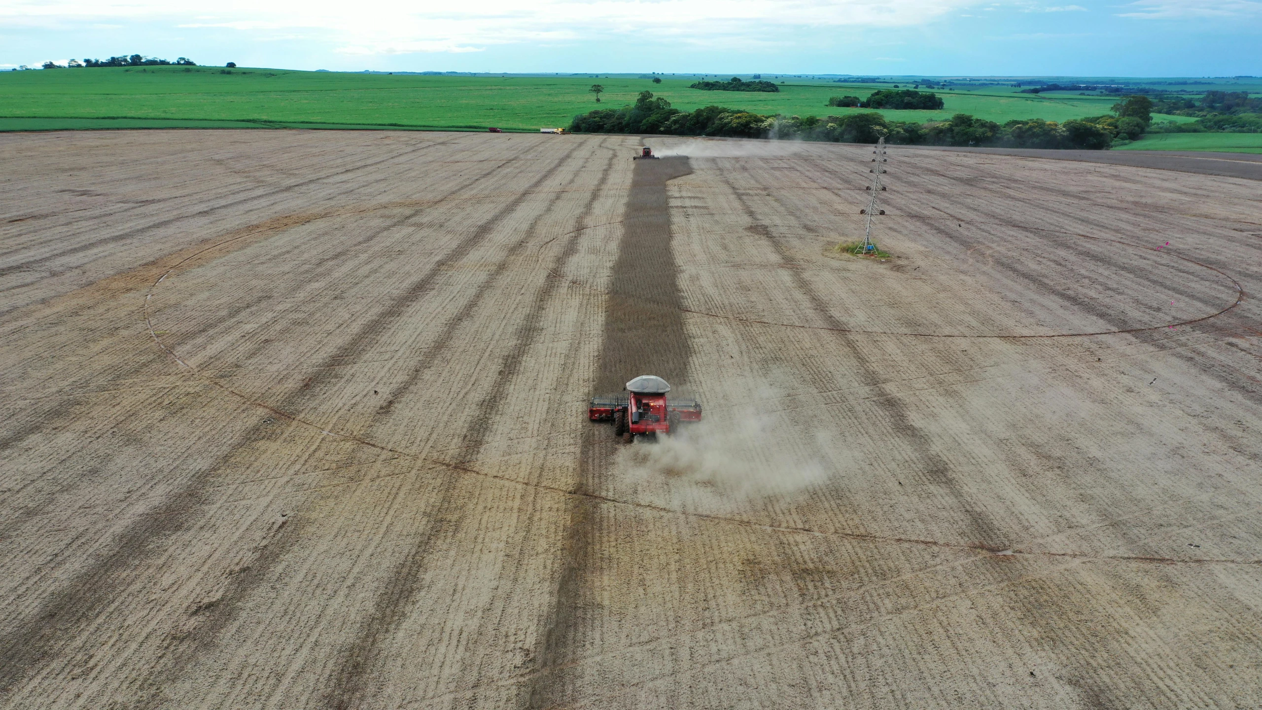 a tractor harrows grass in a large field