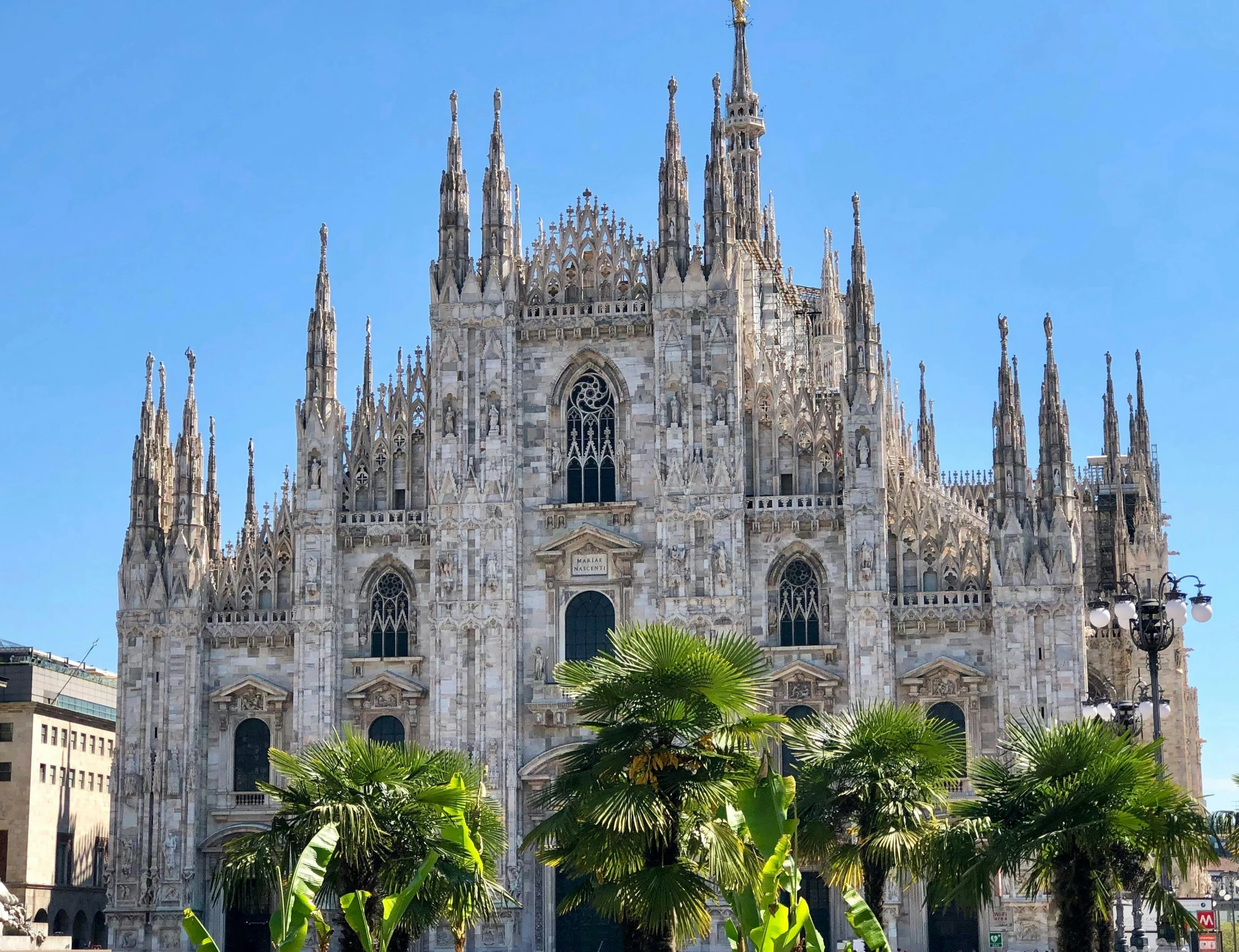 a cathedral with two towers and palm trees