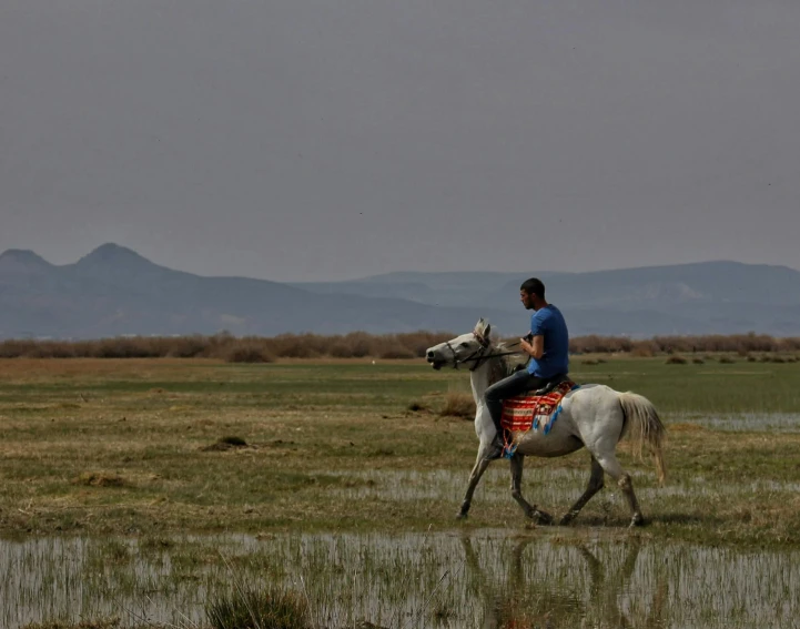 a young person riding a horse near a lake