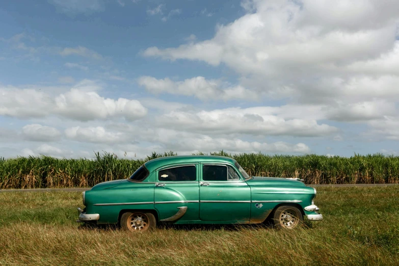 a vintage truck in a field of grass with corn in the background