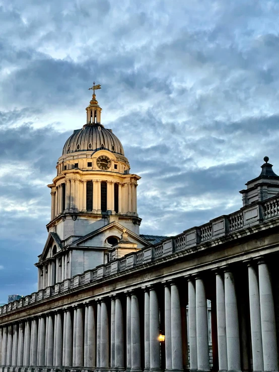 the building has many columns and a tower