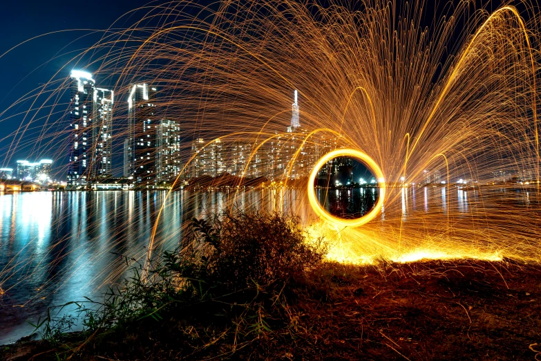 a firework spinning in the shape of a circle