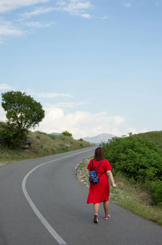 a woman walking down a winding road in the country side