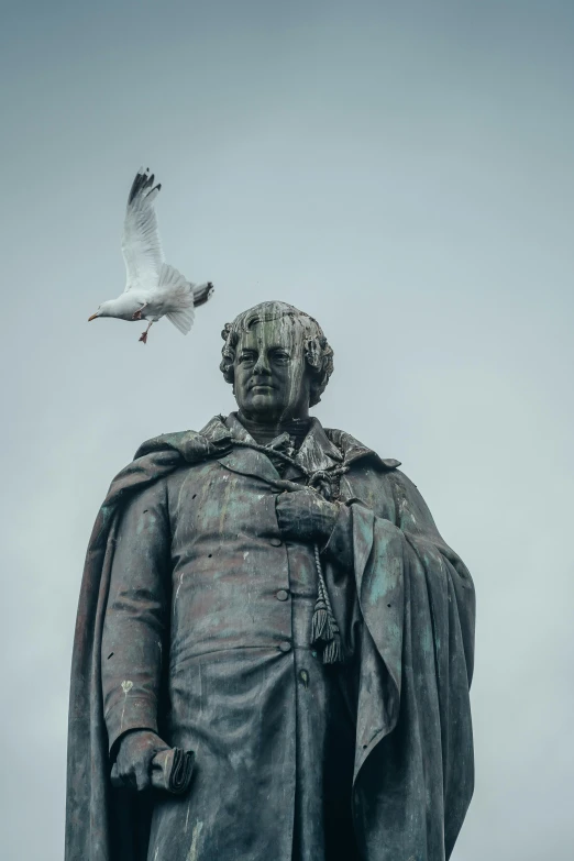 an image of a bird flying over a statue