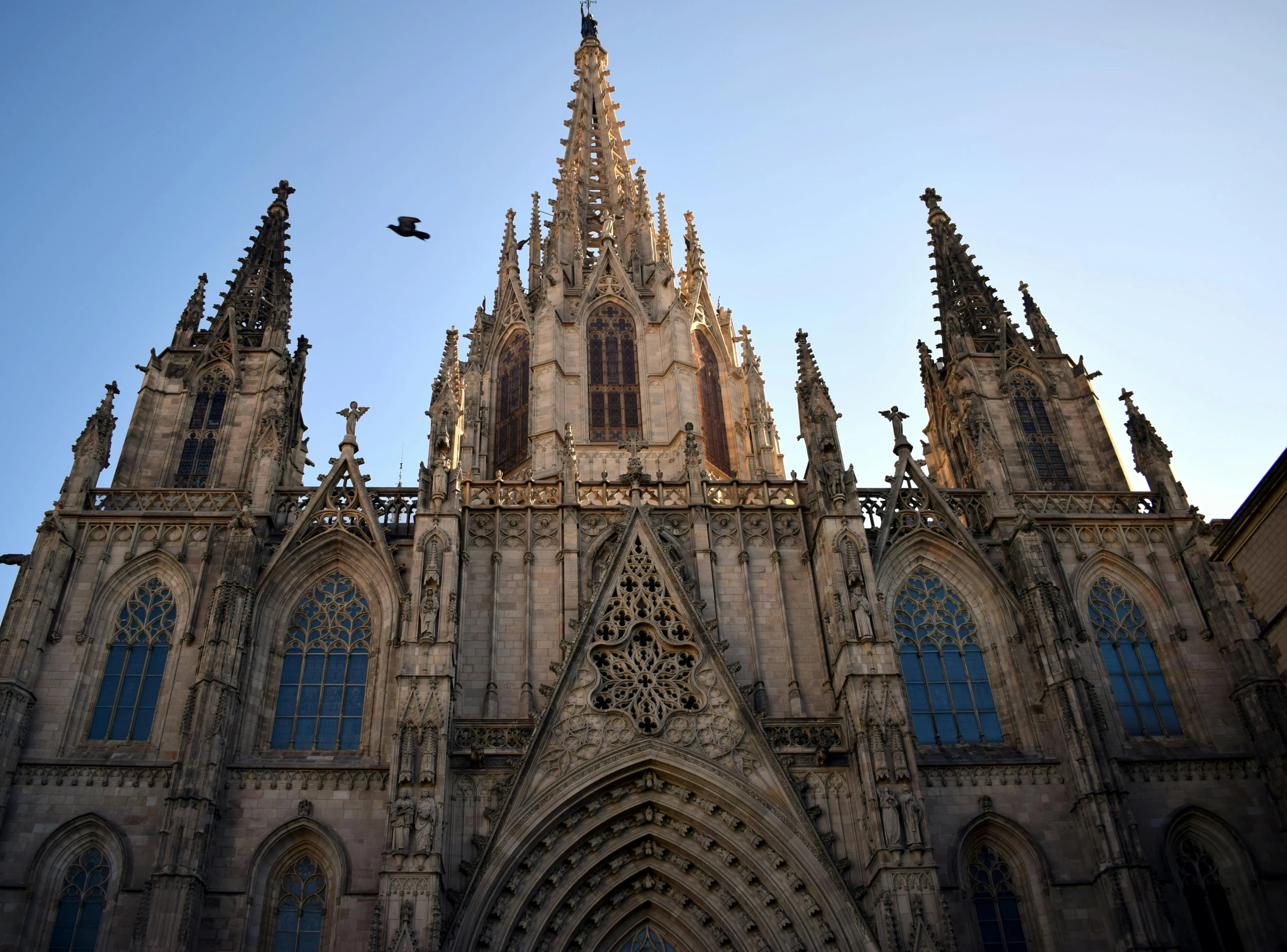 the roof is high with a flock of pigeons flying in front of the church