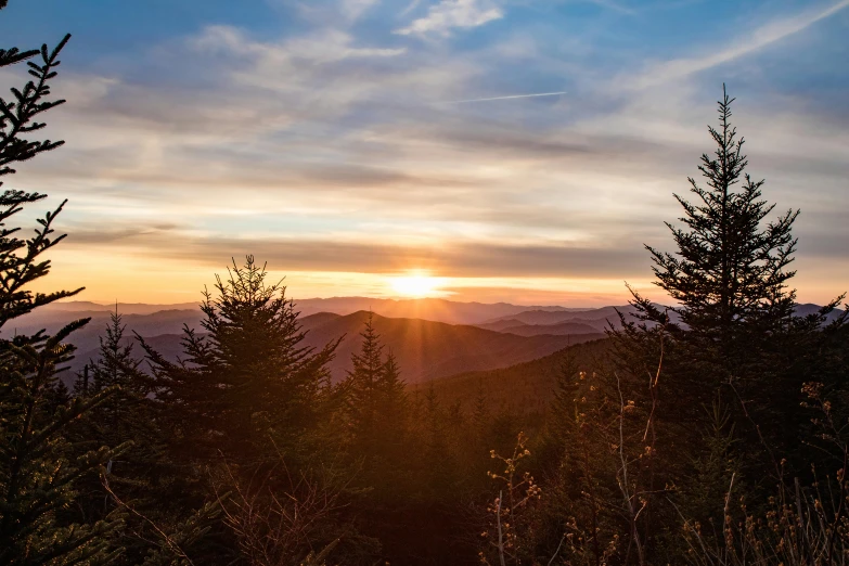 the sun is setting behind the silhouette of trees