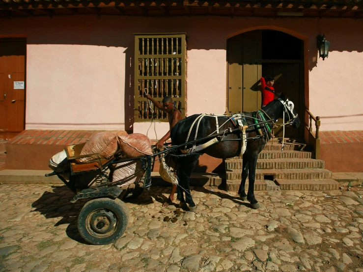 a horse pulling a cart on cobblestone ground