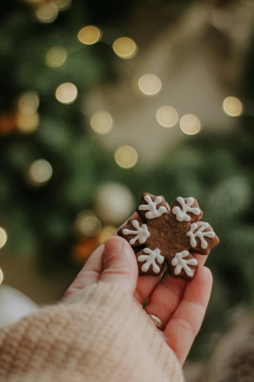 a hand holding up three small gingerbreads with white icing on them