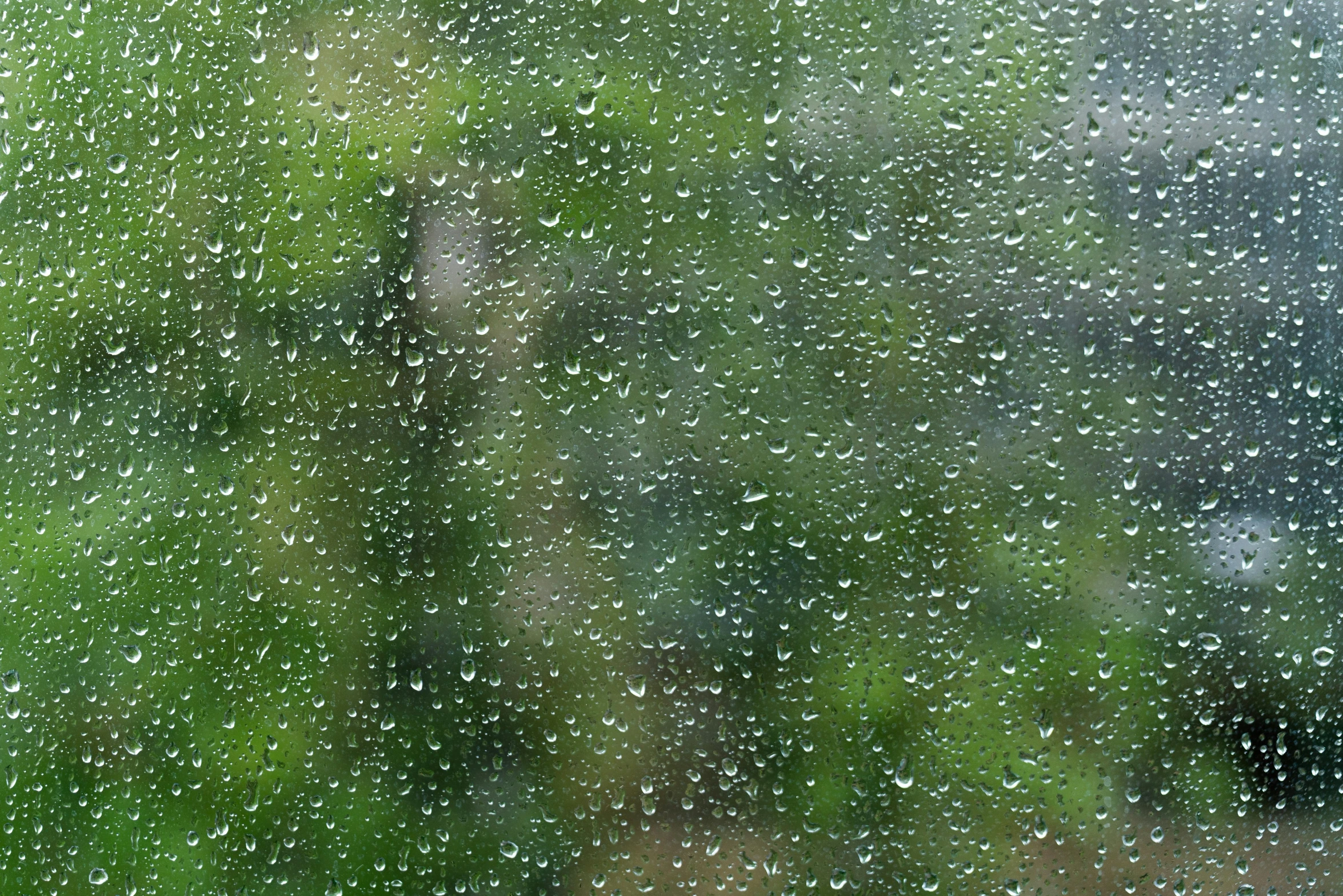 a rain soaked window with green grass in the background