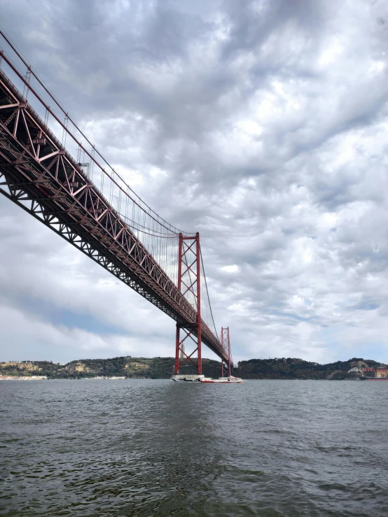 a large red bridge spanning across a body of water