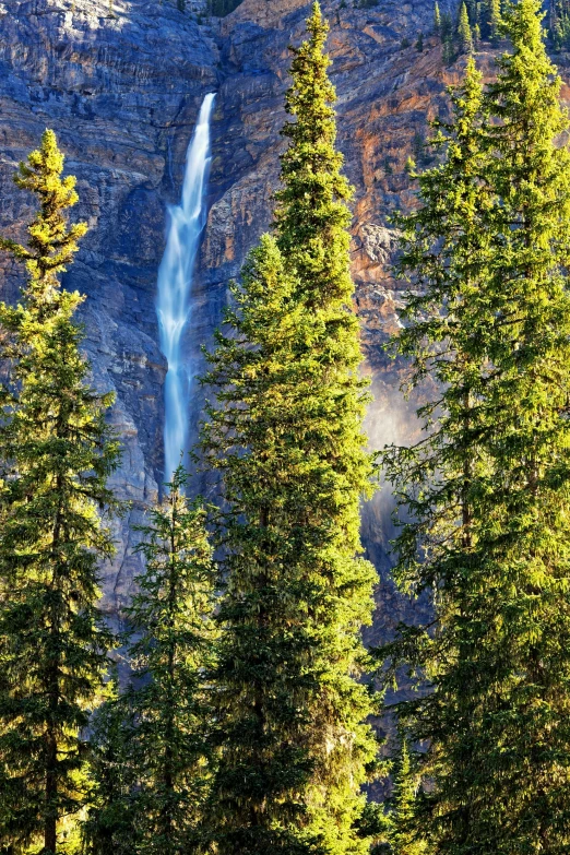 a tall waterfall flowing down a lush green forest