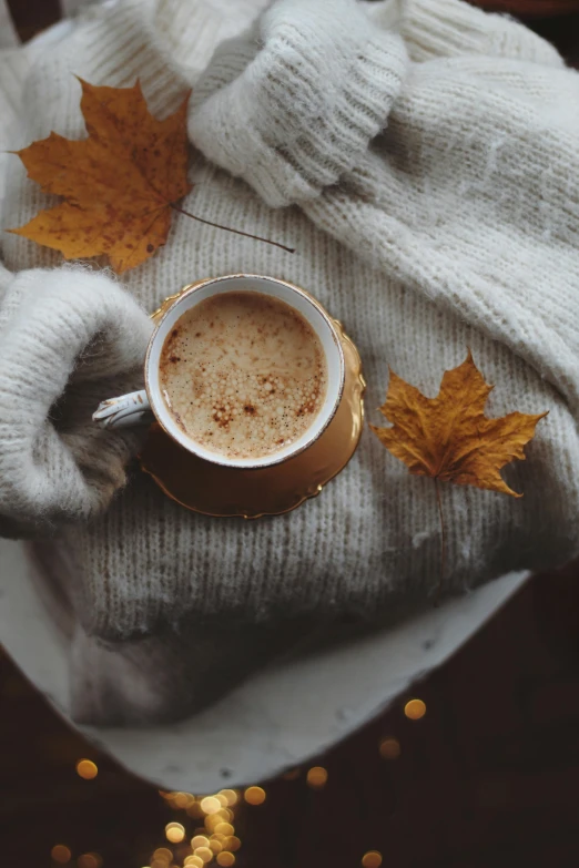 cup of coffee on a blanket with yellow leaves