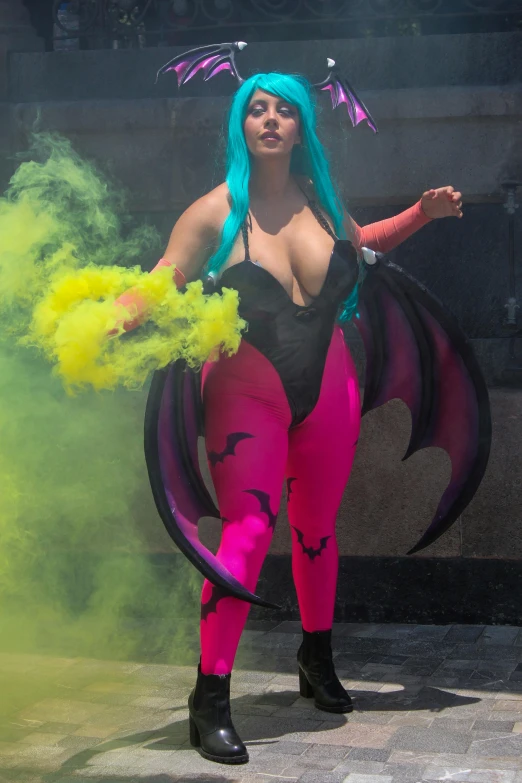 a girl wearing dragon costume walking around in colored smoke