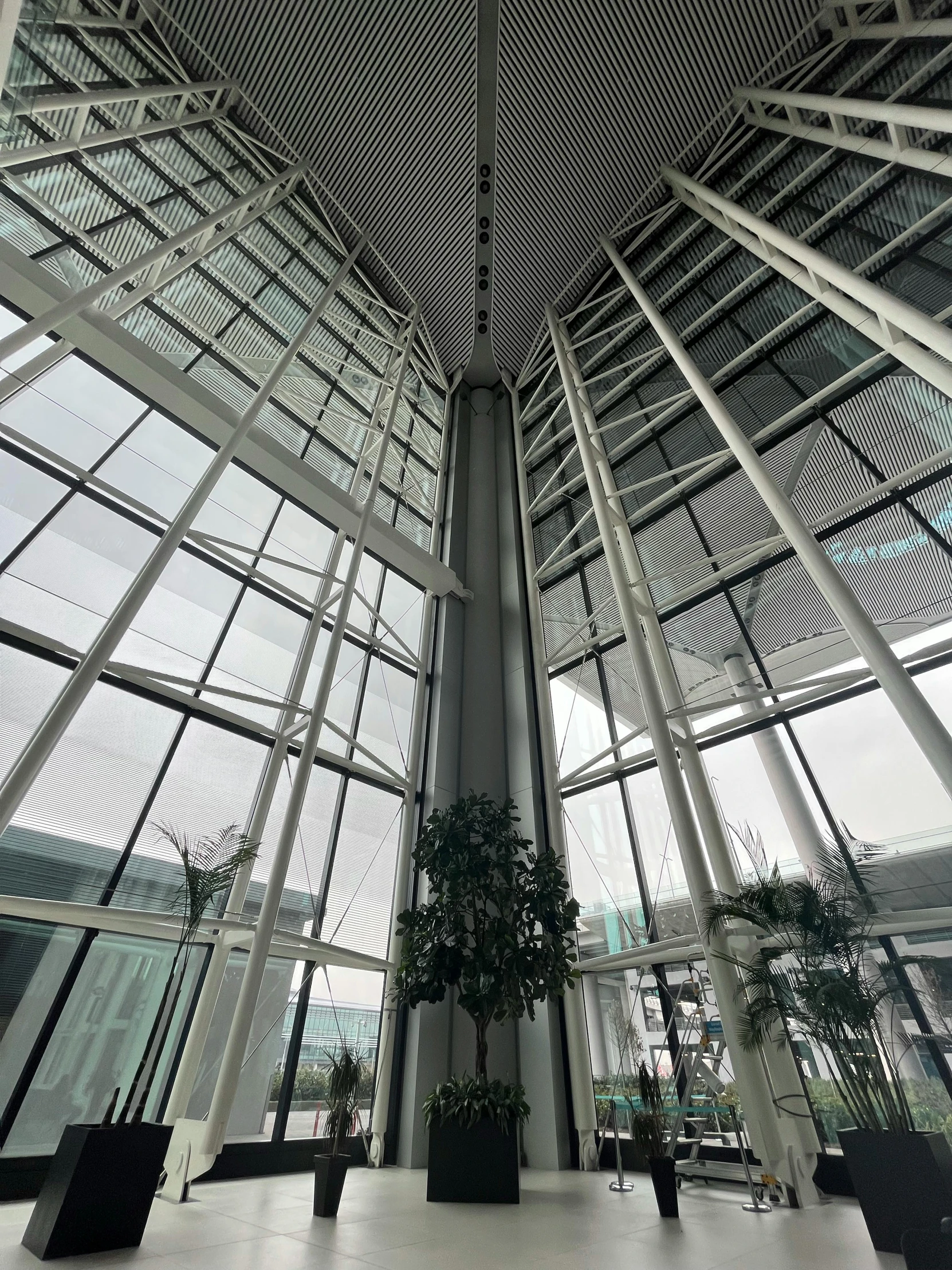 a very tall building with some plants inside