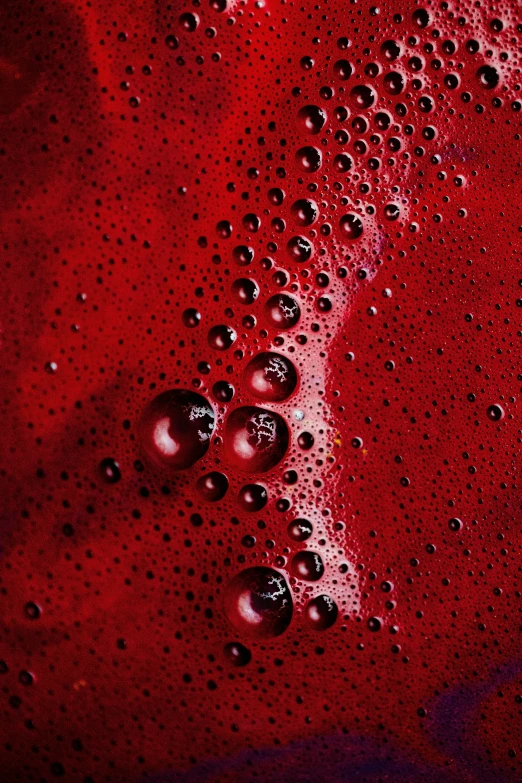 water drops are on the surface of a dark red background