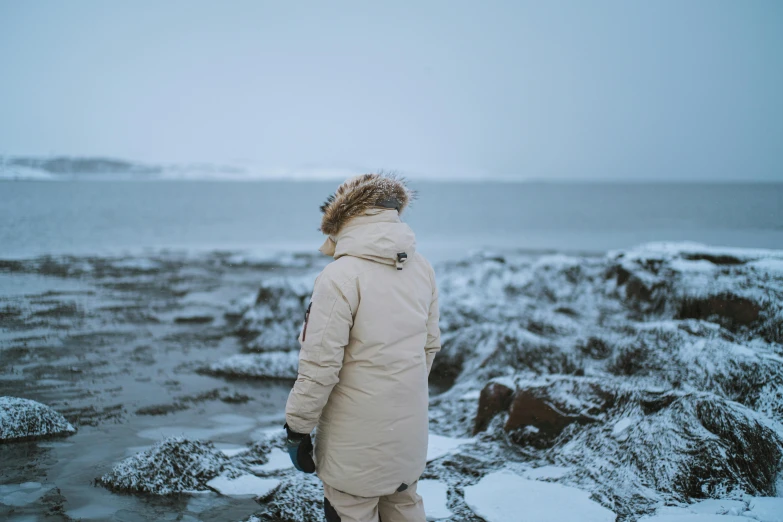 a woman stands in the snow by a lake