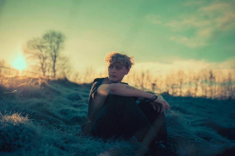  resting on the ground in a field with sunset