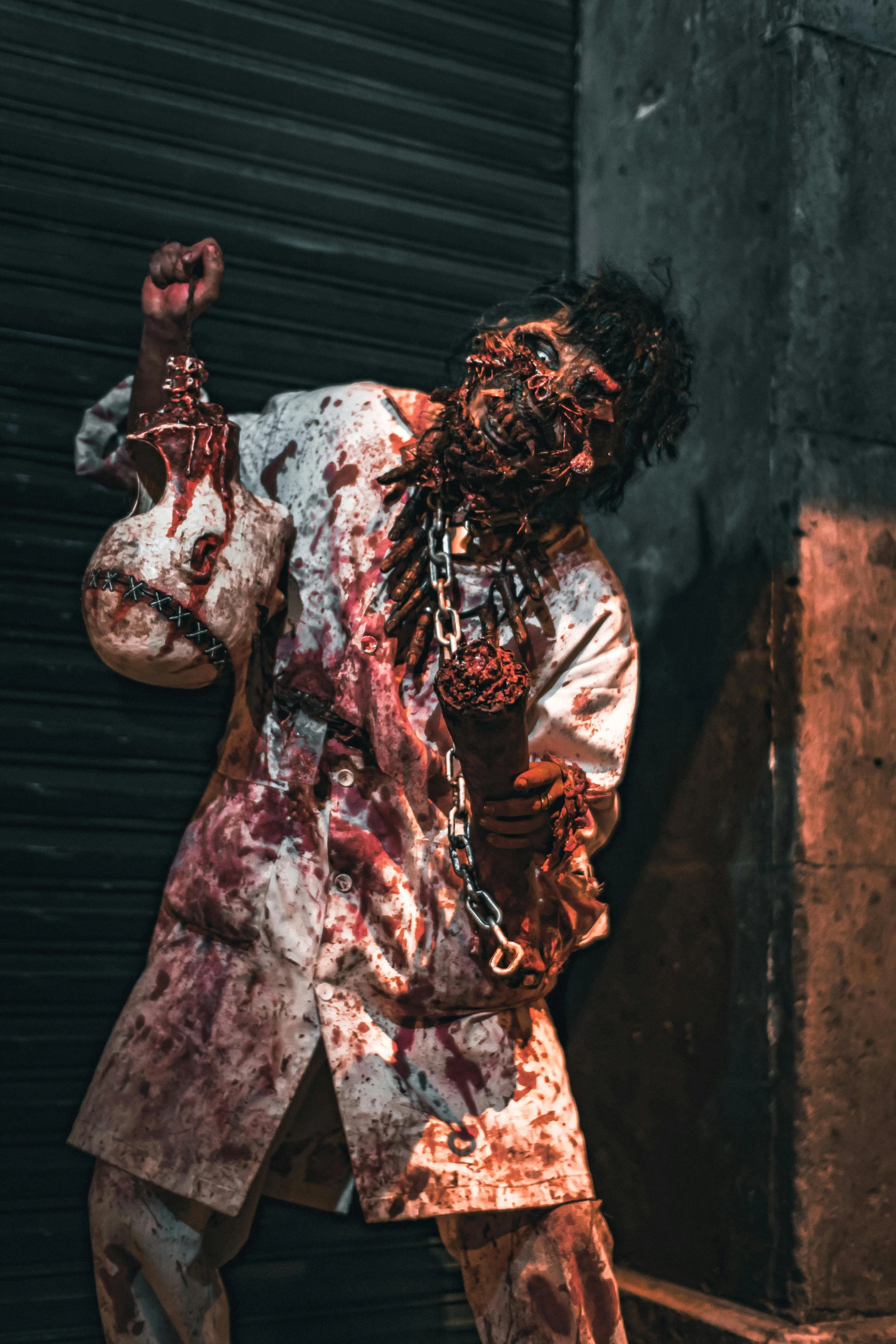 a man dressed in zombie costume walking outside