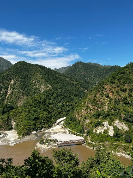 mountain scene with a boat in river and some green trees