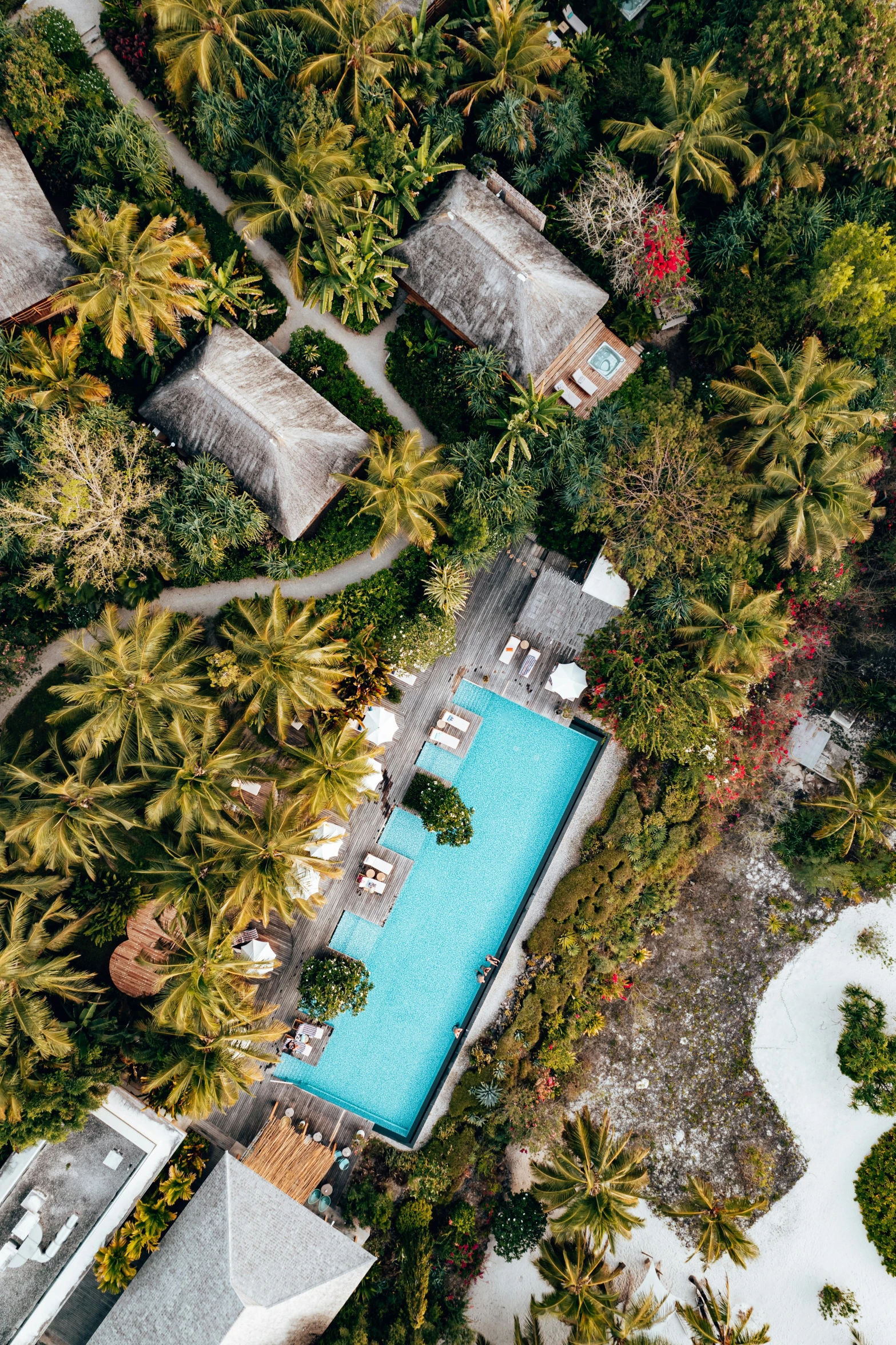 an aerial view of a resort with trees and pools