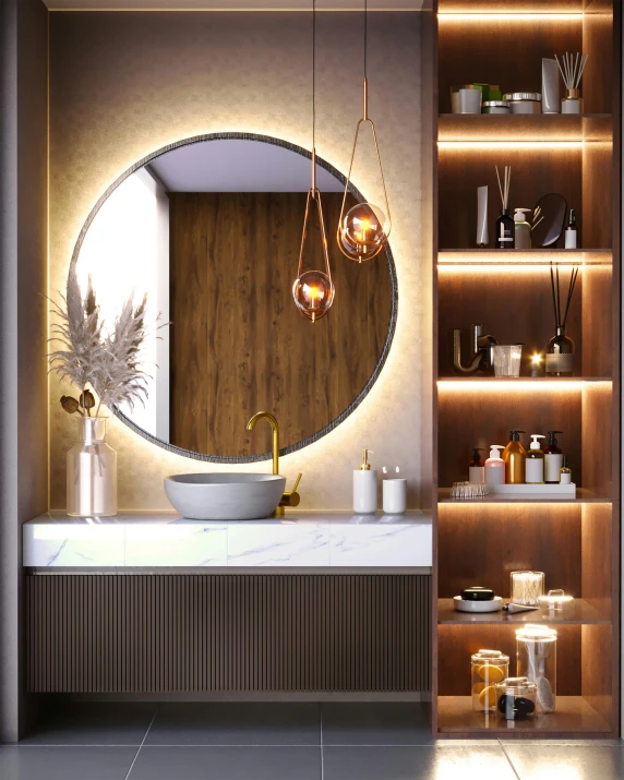 a round mirror with hanging lights above it