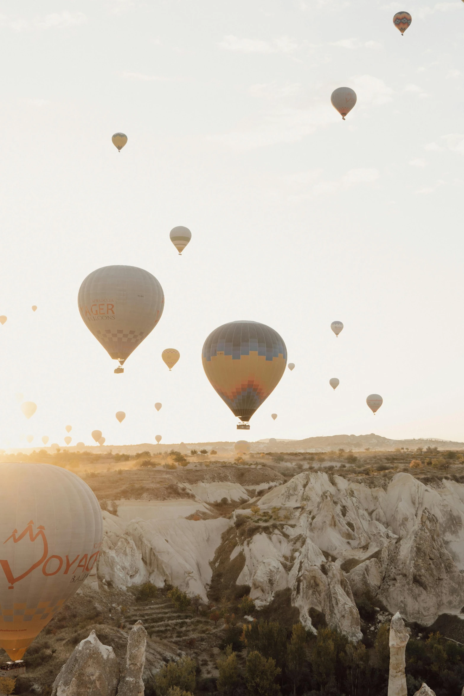 several balloons flying over some mountains on a sunny day