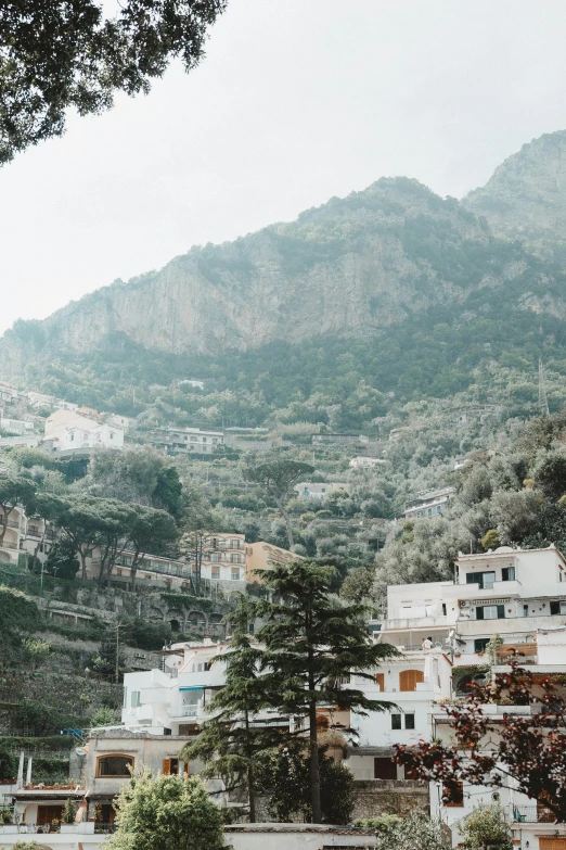 view of a town and mountain from below