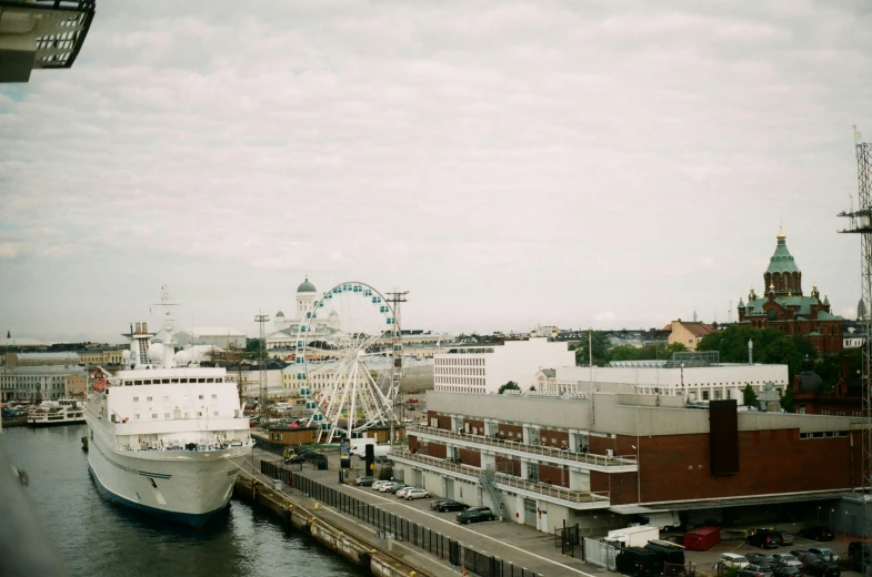 this is a picture of the river with a boat and ferris wheel