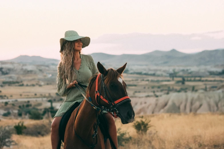 a woman on a brown horse riding in the mountains