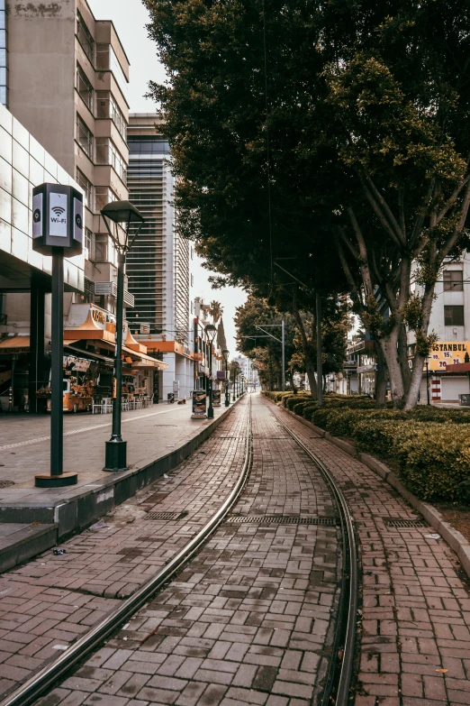 a long brick road running down the middle of two streets