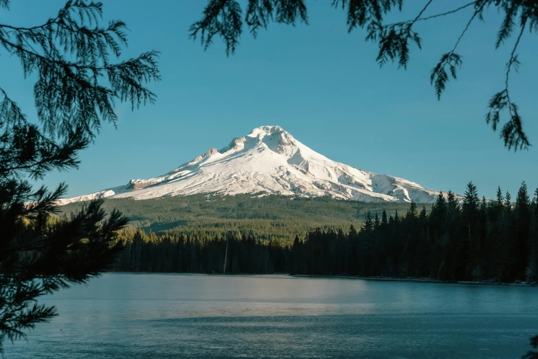 the view of a mountain and lake seen through the nches of trees