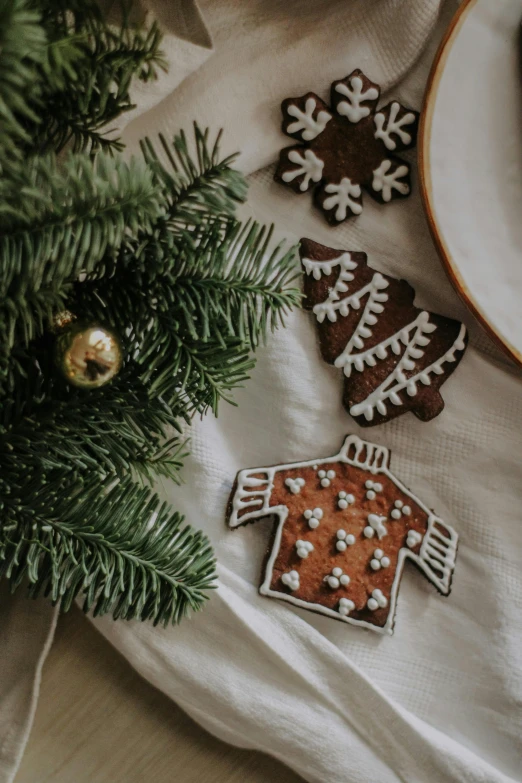 decorated gingerbread cookies on napkin next to a tree