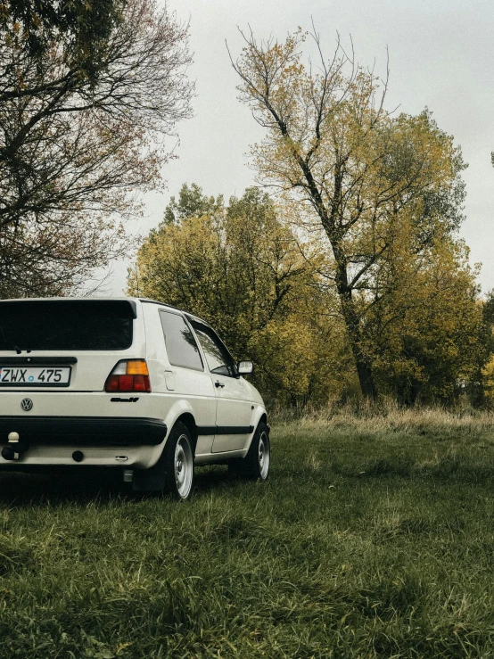 a white car sits in a field with trees in the background