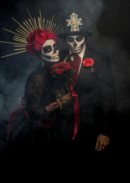 the two people have costumes made of roses